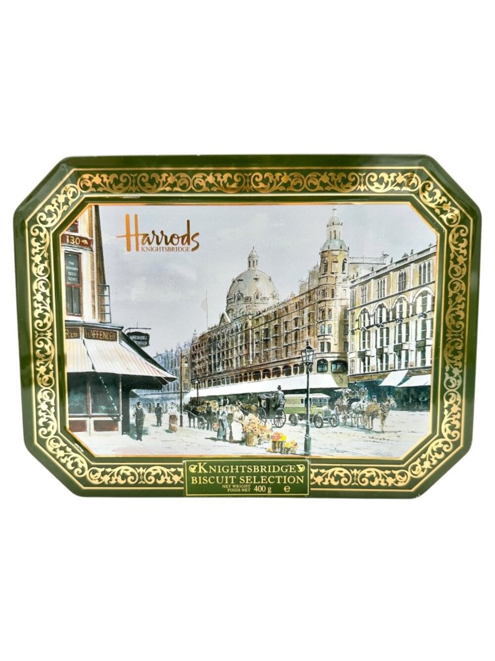 Vintage Harrods Knightsbridge Biscuit Tin Green Gold Traditional English Design